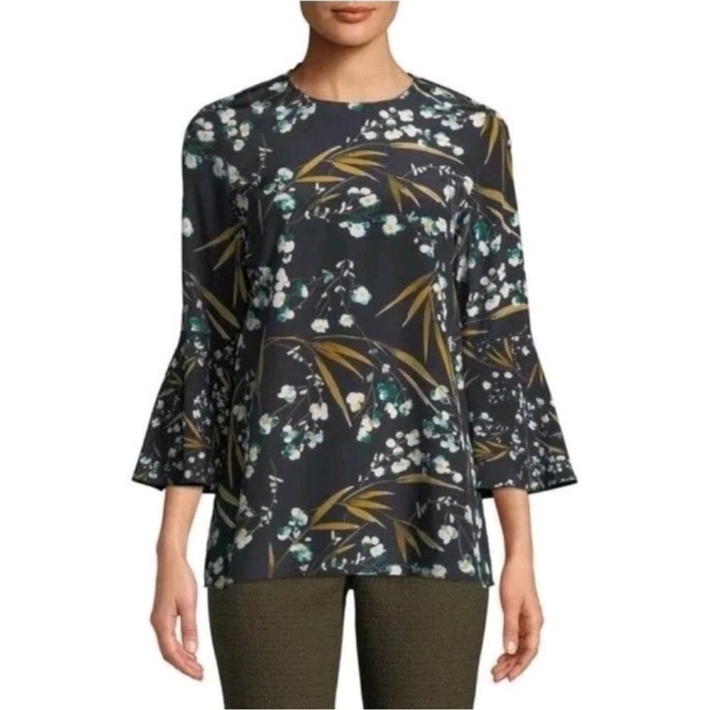 lafayette 148 New York Floral Print Flare Sleeve Tunic Blouse Silk Size XL